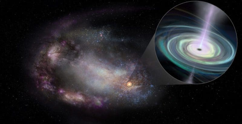 Galaxia irregular con un primer plano de un agujero negro rodeado por un disco de acreción.