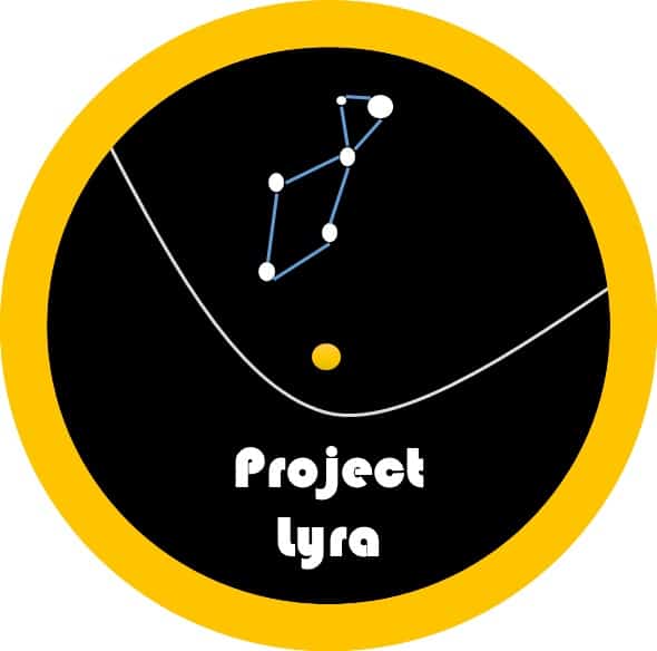 Constelación de Lyra sobre fondo negro con línea hiperbólica y borde amarillo.