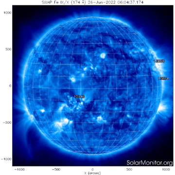 Blue globe (the sun) with numbering of the three sunspot groups on the sun