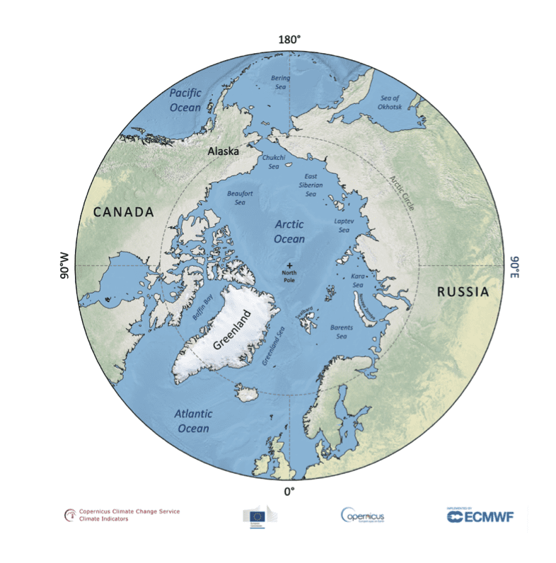 Mapa del Ártico y los continentes circundantes.