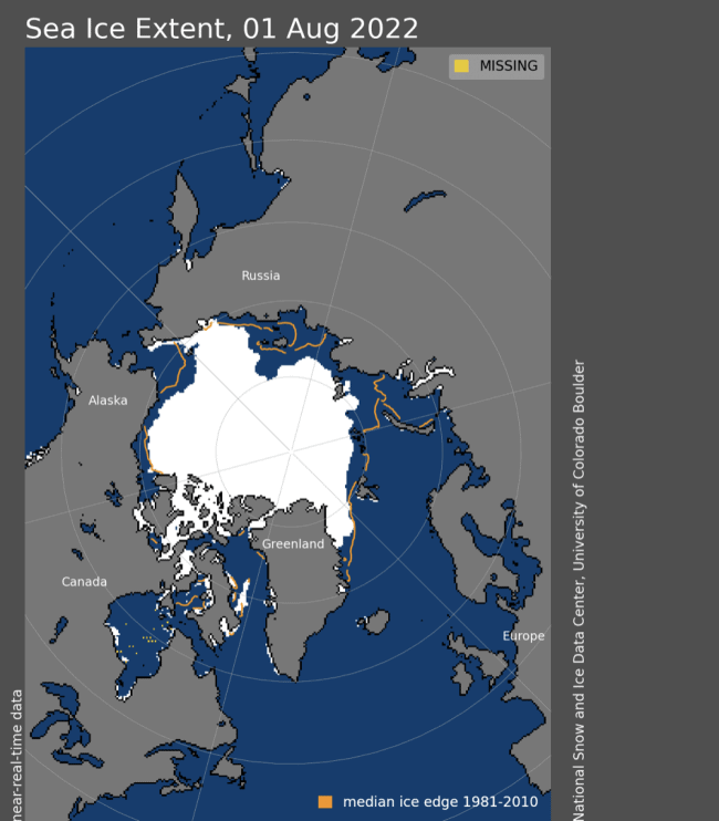 Mapa de la extensión del hielo marino del Ártico (mostrado en blanco contra el océano azul y las áreas terrestres grises).