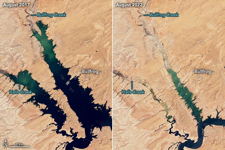 2 imágenes satelitales de un lago, una al lado de la otra.  El lago de la imagen de la izquierda es más grande.